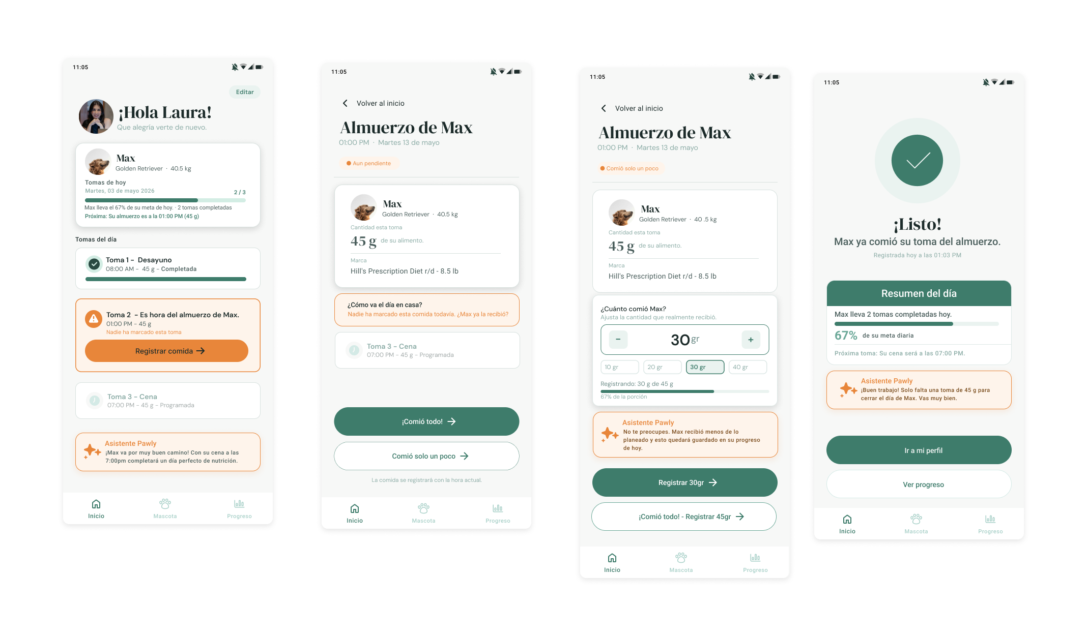 Sistema de estados para registrar toma en Pawly